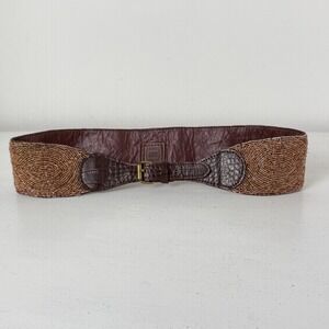 Anthropologie Womens Beaded Leather Fashion Belt Sz M Genuine Brown Jasper Jeera